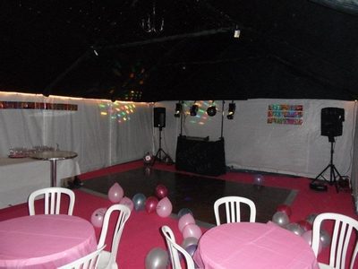 Marquee with full disco rig with pink cord carpet and dance floor