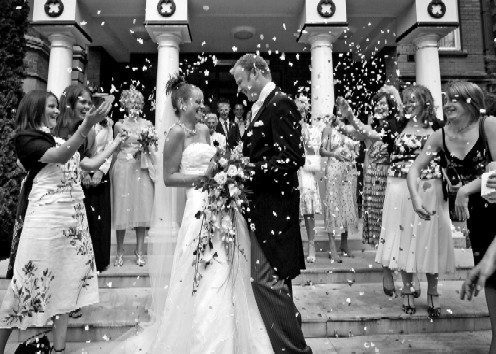 Black and white image of a bride and groom