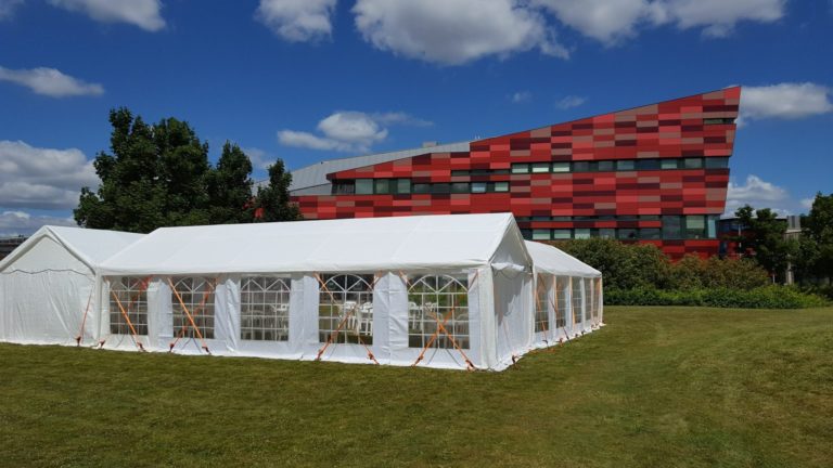 Marquees connected together on a field outside Nottingham University
